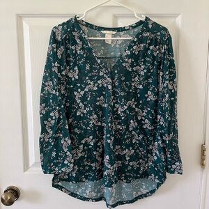H&M Teal Floral V-Neck Blouse